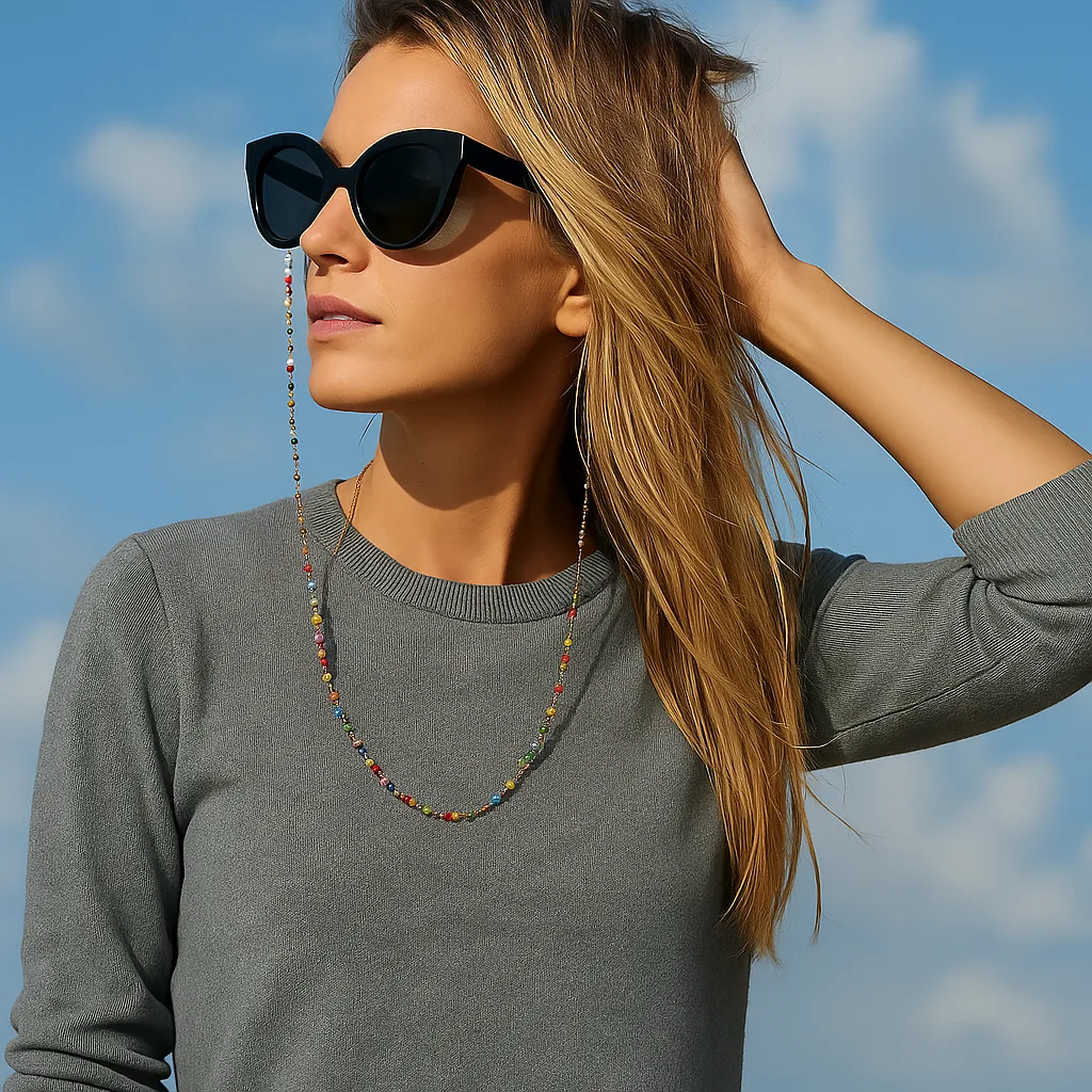 Chaine à lunettes IBIZA dorée aux perles multicolores